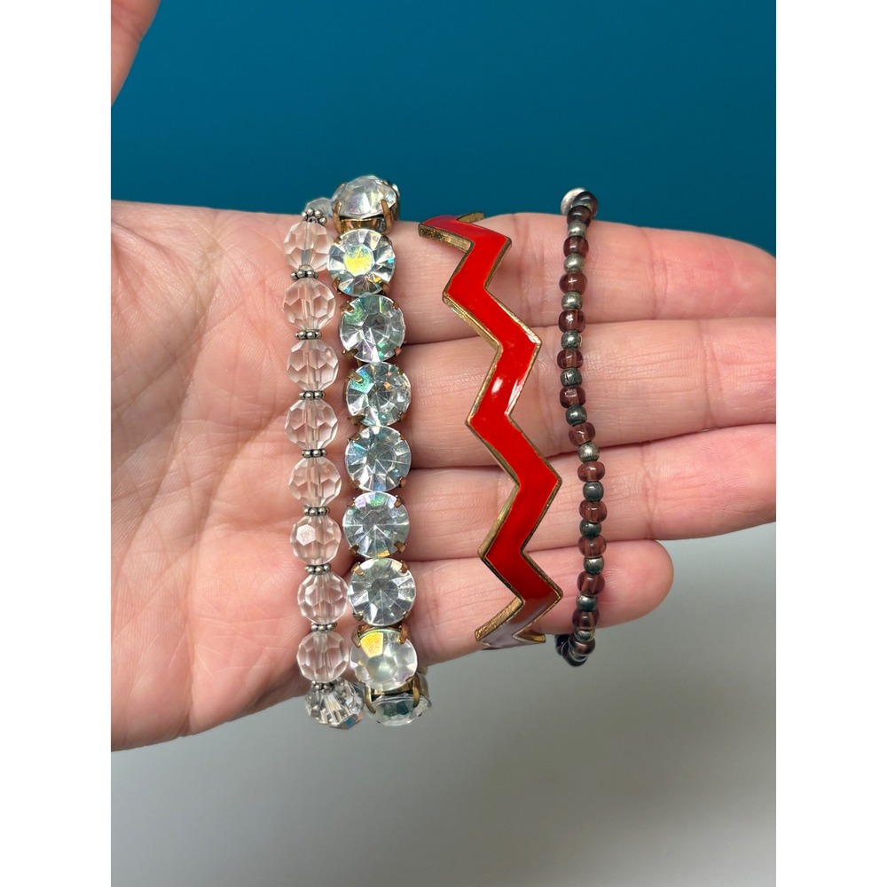 Vintage Style Bracelet Lot 4pc Red Enamel Zigzag Rhinestone Beaded Stack Set